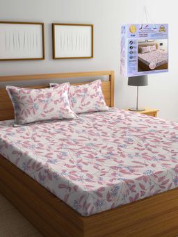 FABINALIV - Pink Floral Cotton Blend King Fitted Double Bedsheet with 2 Pillow Covers