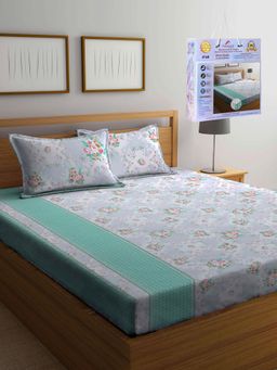 FABINALIV - Multicolor Floral Cotton Blend King Fitted Double Bedsheet with 2 Pillow Covers