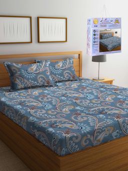FABINALIV - Multicolor Floral Cotton Blend King Fitted Double Bedsheet with 2 Pillow Covers