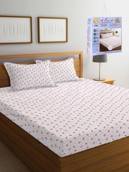 FABINALIV - White Floral Cotton Blend King Fitted Double Bedsheet with 2 Pillow Covers