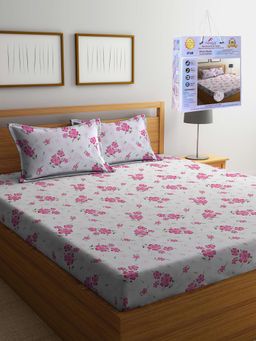 FABINALIV - White Floral Cotton Blend King Fitted Double Bedsheet with 2 Pillow Covers