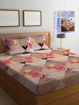 FABINALIV - Multicolor Floral Cotton Blend King Fitted Double Bedsheet with 2 Pillow Covers