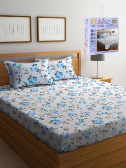 FABINALIV - Multicolor Floral Cotton Blend King Fitted Double Bedsheet with 2 Pillow Covers