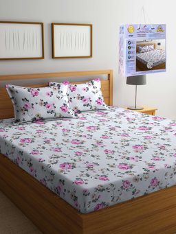 FABINALIV - Multicolor Floral Cotton Blend King Fitted Double Bedsheet with 2 Pillow Covers