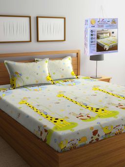 FABINALIV - Multicolor Cartoon Print Cotton Blend King Fitted Double Bedsheet with 2 Pillow Covers