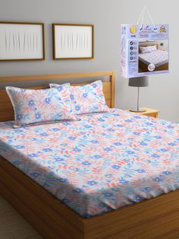 FABINALIV - Multicolor Floral Cotton Blend King Fitted Double Bedsheet with 2 Pillow Covers