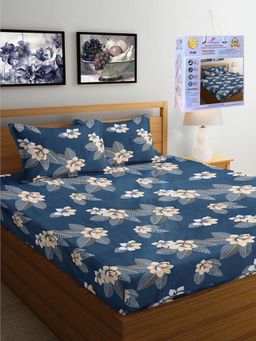 FABINALIV - Blue Floral Cotton Blend King Fitted Double Bedsheet with 2 Pillow Covers