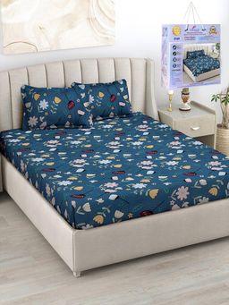 FABINALIV - Blue Floral Cotton Blend King Fitted Double Bedsheet with 2 Pillow Covers
