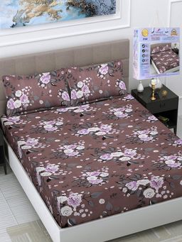 FABINALIV - Brown Floral Cotton Blend King Fitted Double Bedsheet with 2 Pillow Covers