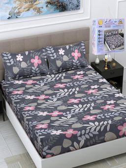 FABINALIV - Multicolor Floral Cotton Blend King Fitted Double Bedsheet with 2 Pillow Covers
