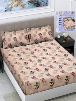 FABINALIV - Beige Floral Cotton Blend King Fitted Double Bedsheet with 2 Pillow Covers