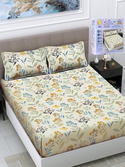 FABINALIV - Multicolor Floral Cotton Blend King Fitted Double Bedsheet with 2 Pillow Covers