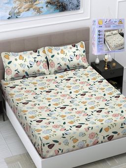 FABINALIV - Multicolor Floral Cotton Blend King Fitted Double Bedsheet with 2 Pillow Covers