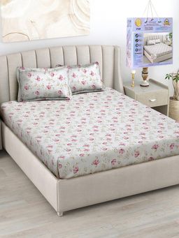 FABINALIV - White Floral Cotton Blend King Fitted Double Bedsheet with 2 Pillow Covers