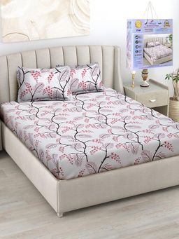 FABINALIV - White Floral Cotton Blend King Fitted Double Bedsheet with 2 Pillow Covers