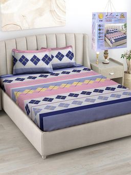 FABINALIV - Multicolor Geometric Cotton Blend King Fitted Double Bedsheet with 2 Pillow Covers