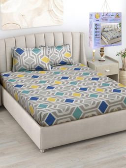 FABINALIV - Multicolor Geometric Cotton Blend King Fitted Double Bedsheet with 2 Pillow Covers