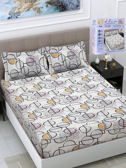 FABINALIV - Multicolor Geometric Cotton Blend King Fitted Double Bedsheet with 2 Pillow Covers