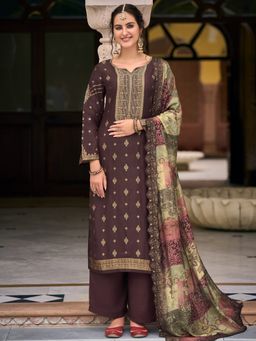 Stylee LIFESTYLE - Brown Pure Silk Jacquard Dress Material (Set of 3)
