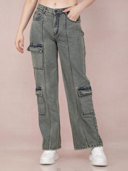 CRIMSOUNE CLUB - Womens Olive Loose Fit 100% Cotton Cargo Jeans