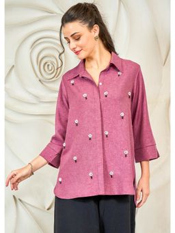 AAREIN - Mauve Pearl Embellished Longline Linen Shirt