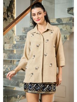 AAREIN - Beige Embellished Longline Linen Shirt
