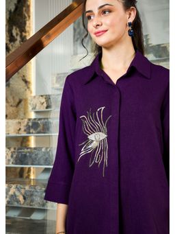 AAREIN - Purple Beads Embellished Longline Linen Shirt