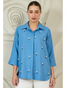 AAREIN - Blue Pearl Embellished Longline Linen Shirt