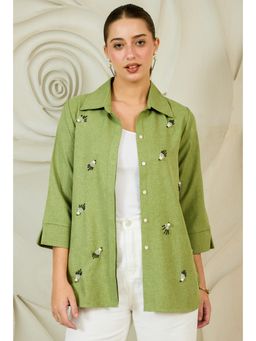 AAREIN - Green Embellished Longline Linen Shirt