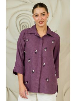 AAREIN - Purple Beads Embellished Longline Linen Shirt