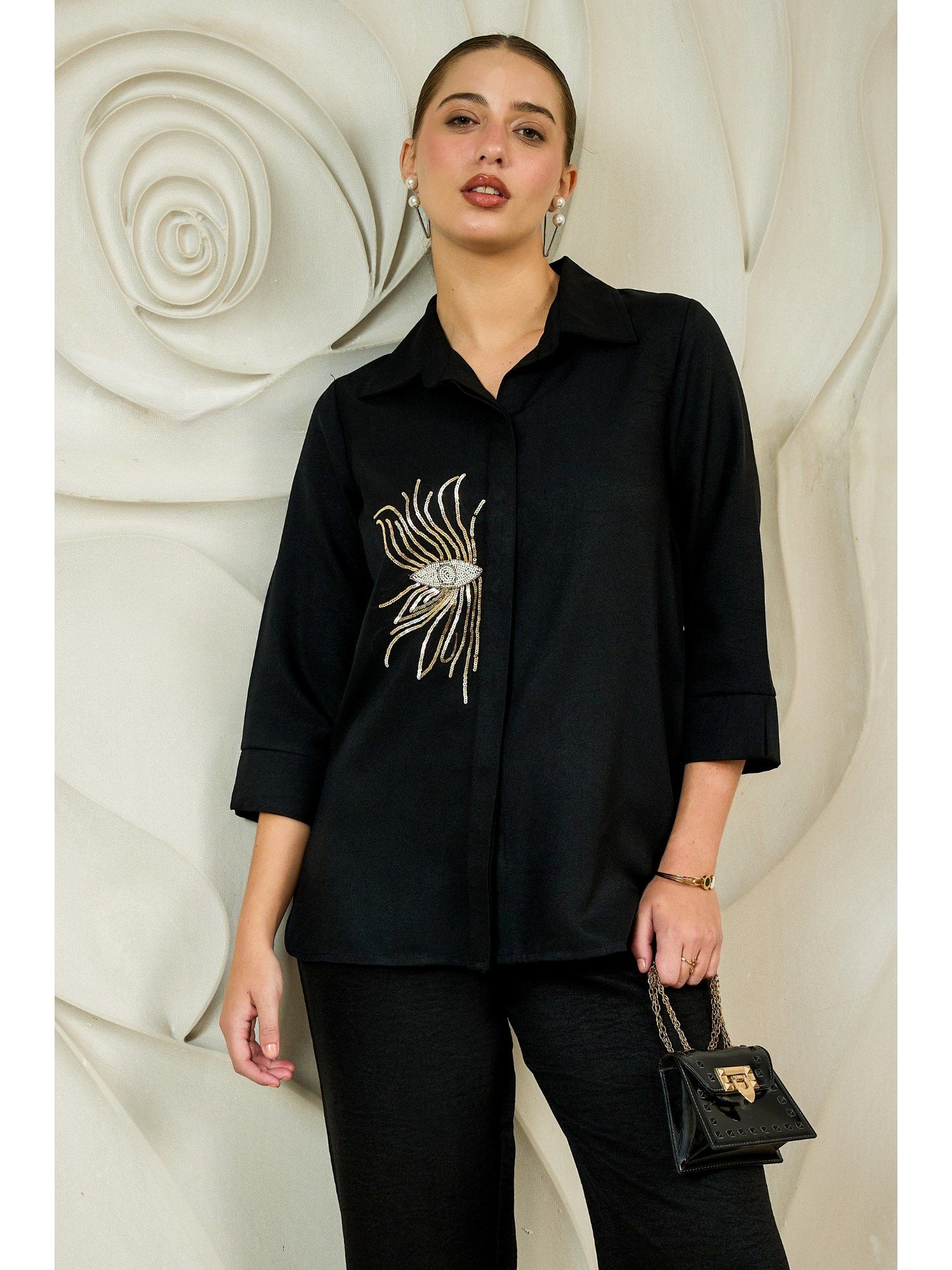 aarein Black Beads Embellished Longline Linen Shirt-picture-33