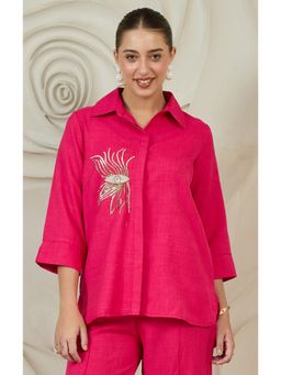 AAREIN - Pink Beads Embellished Longline Linen Shirt