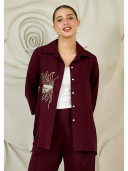 AAREIN - Maroon Beads Embellished Longline Linen Shirt