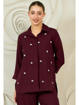 AAREIN - Maroon Pearl Embellished Longline Linen Shirt