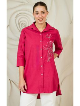AAREIN - Fuschia Zari Embroidered Cotton Longline Shirt
