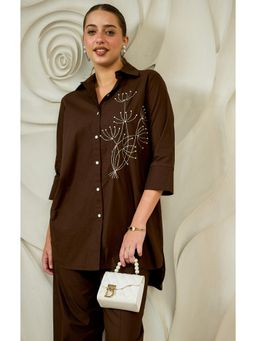 AAREIN - Brown Zari Embroidered Cotton Longline Shirt