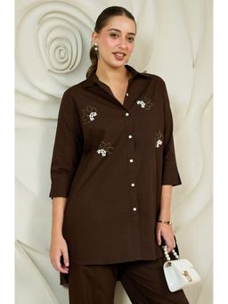 AAREIN - Brown Embellished Cotton Longline Shirt
