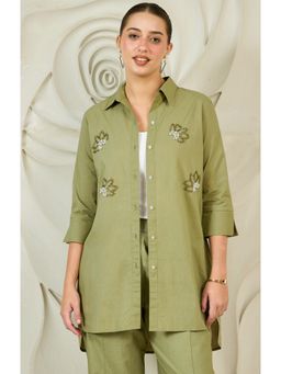 AAREIN - Green Embellished Cotton Longline Shirt