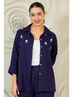 AAREIN - Navy Blue Beetles Embellished Linen Shirt