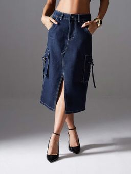 Miss Chase - Women Blue Denim Midi Skirt