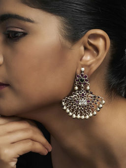 Divas Mantra - Blanche Long Dangler Earrings with Red Spinel Stones, Pearls and CZ Stones