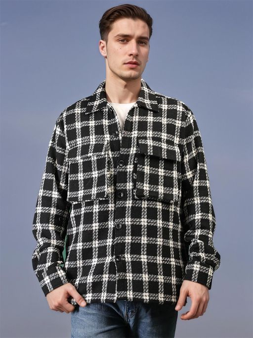 CHKOKKO Men Black White Winter Wear Checkered Shacket Collared Shirt Jacket