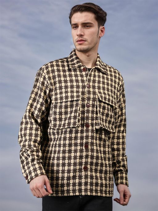 CHKOKKO Brown Beige Winter Wear Checkered Shacket Winter Wear Collared Shirt Jacket