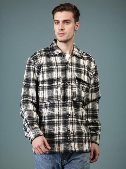 CHKOKKO Cream Black Winter Wear Checkered Shacket Winter Wear Collared Shirt Jacket