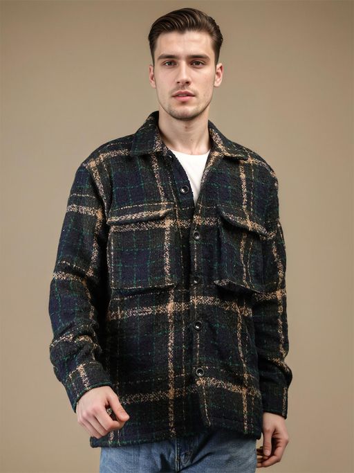 CHKOKKO Navy Blue Winter Wear Checkered Shacket Winter Wear Collared Shirt Jacket