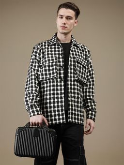 CHKOKKO - White Black Winter Wear Checkered Shacket Winter Wear Collared Shirt Jacket