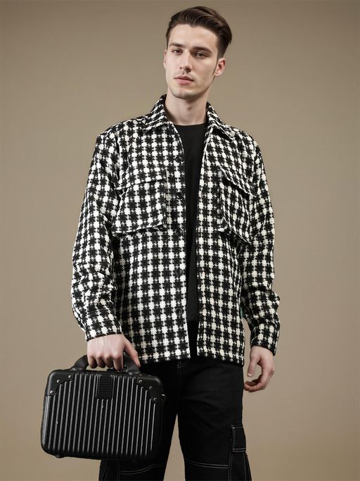 CHKOKKO White Black Winter Wear Checkered Shacket Winter Wear Collared Shirt Jacket