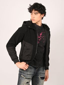 Odette - Black Polyester Chambray Solid Hoodie for Men