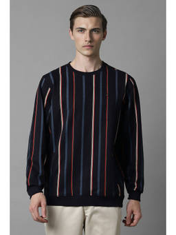 Louis Philippe - Men Black Stripes Crew Neck Sweatshirt