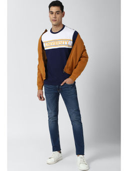 Peter England - Men Navy Blue Colorblock Round Neck Sweatshirt